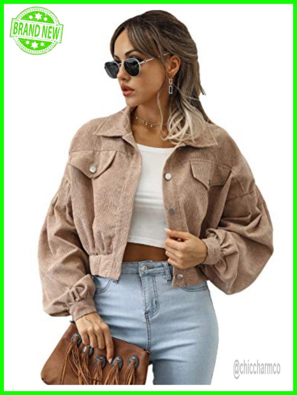 Womens Cropped Corduroy Jacket Loose Button Down Puff Sleeve Shacket Coat
